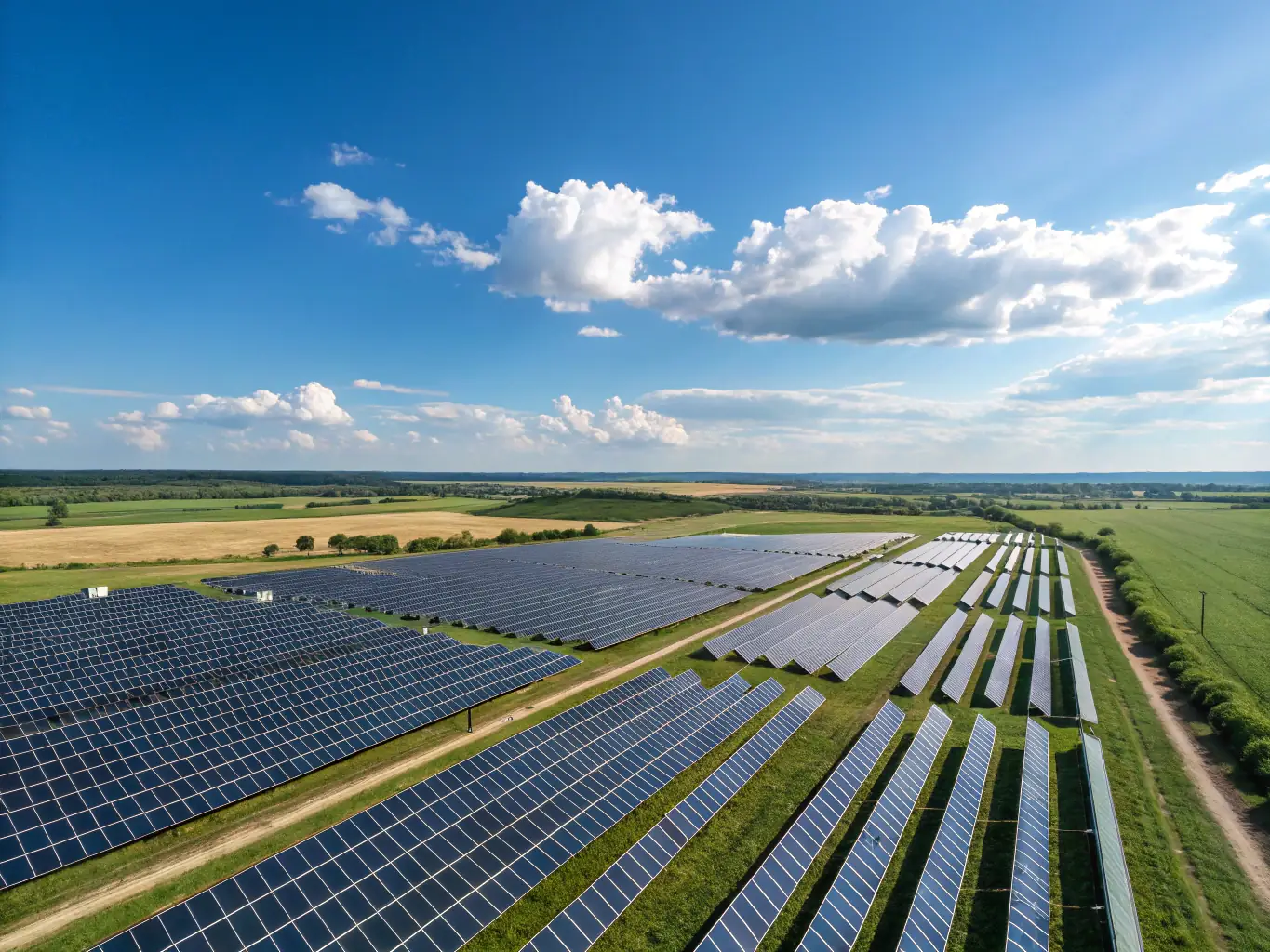 A solar panel array in a rural field, generating clean energy under a clear blue sky. The image represents Kinetic LLC's renewable energy consulting services.