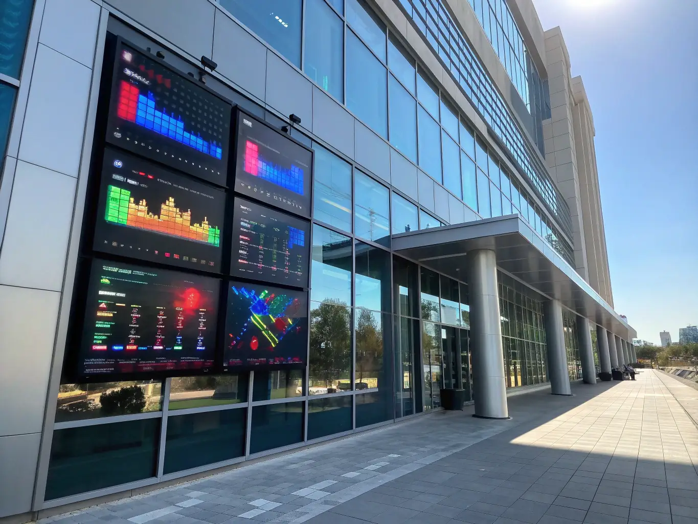 An office building with smart technology interfaces displayed, showcasing energy consumption data and efficiency metrics. The image represents Kinetic LLC's energy efficiency strategies.